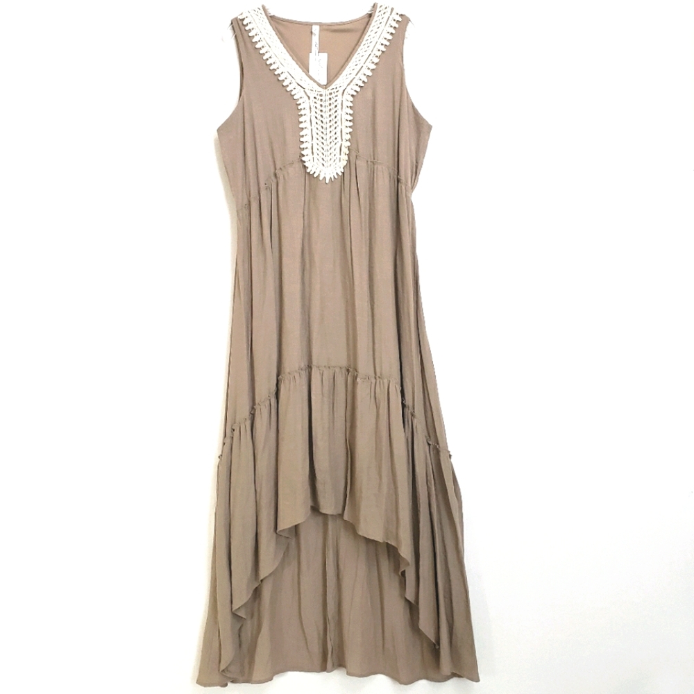 NY Collection Nwt Tan w Creme Embroidered Lace  Sleeveless Gauzy Midi Dress